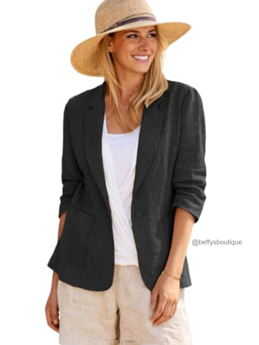 Linen Blend Blazer Jacket 3/4 Ruched Sleeve Business Casual Work